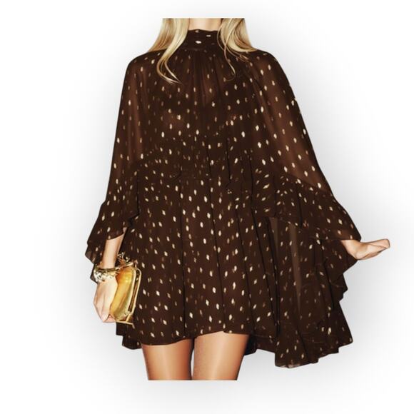 Commense Brown and Gold Foil Spot Chiffon Cami Dress with Sheer Cape — Size XL - Picture 4 of 8
